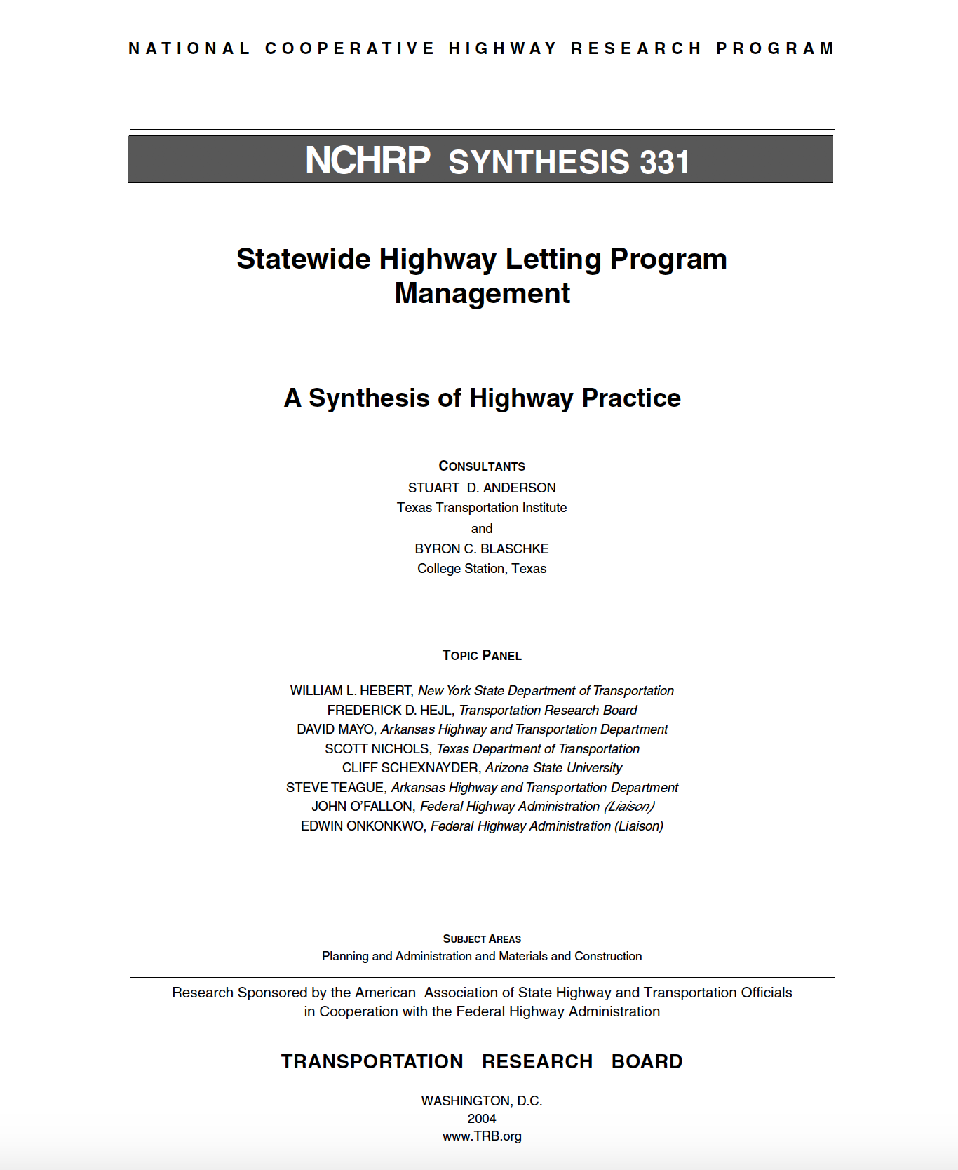 NCHRP Synthesis 331: State Highway Letting Project Management [PUB]