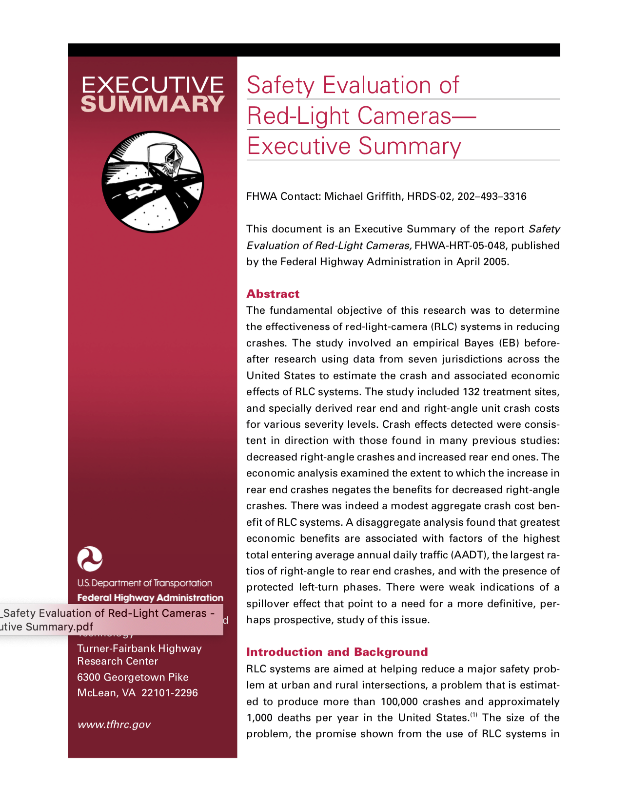 Safety Evaluation of Red-Light Cameras - Executive Summary [PUB]